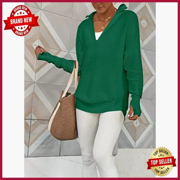 Long Sleeve Quarter Zip Pullover Sweater Ribbed Knit Thumb Hole Loose Fit - Picture 4 of 7